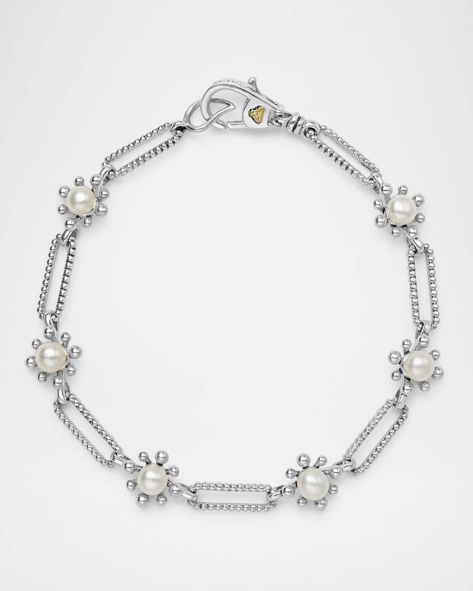 Luna Fleur Floral Pearl Link Bracelet in Sterling Silver, 7.5"L